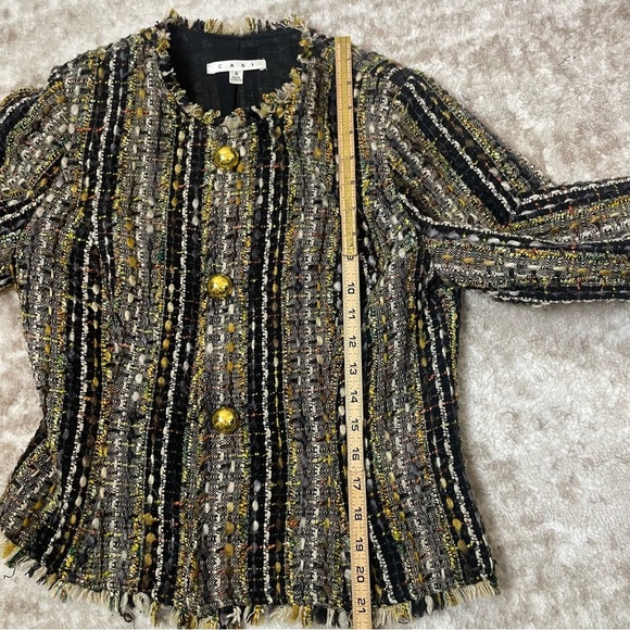 CAbi Paris tweed blouce blazer Boucle Brown Tweed Fringed Gold Buttons Women's - Picture 10 of 12